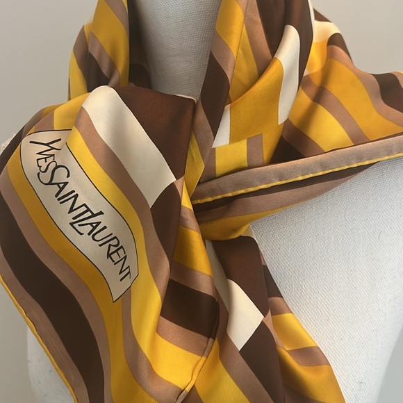 YSL Yves Saint Laurent Yellow Striped Scarf 30”x30” - Picture 10 of 11